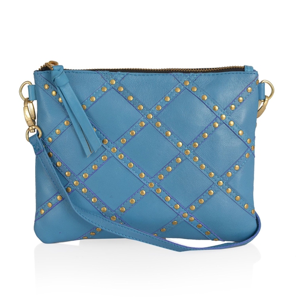 Genuine Leather Blue Colour Handbag with Removable Shoulder Strap (Size 22x17 Cm)