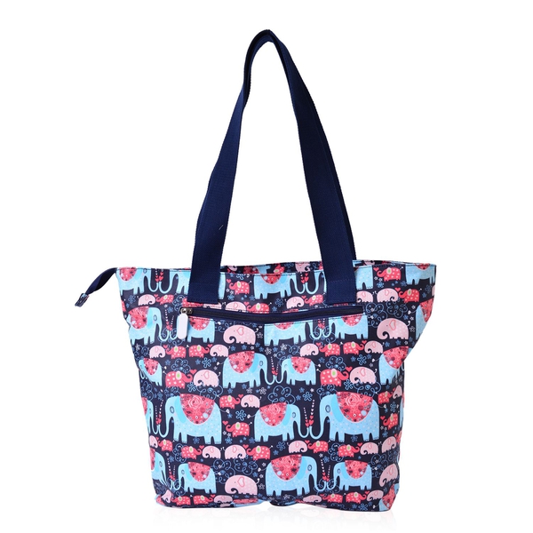 Multi Colour Elephant and Floral Pattern Tote Bag with External Zipper Pocket (Size 44x31x30.5x11 Cm)