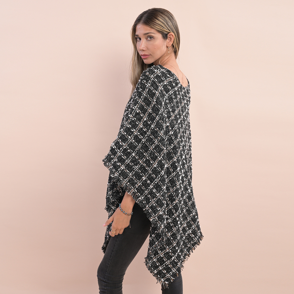 TAMSY Checkered Pattern Tweed Poncho (Size 75x80 Cm) - Black