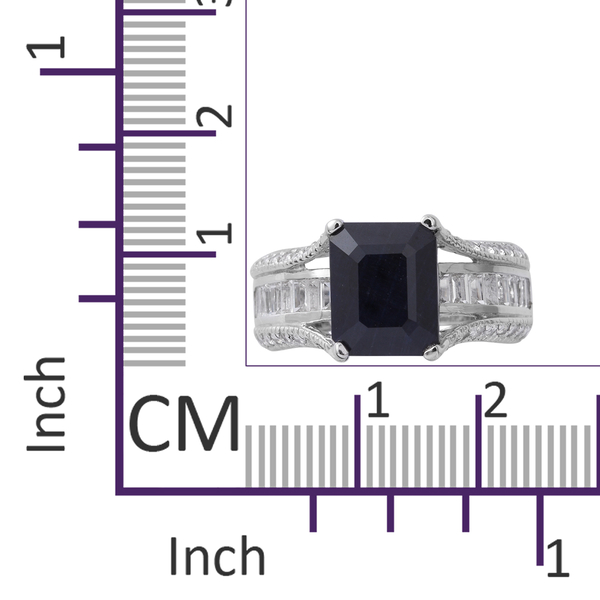 Designer Inspired-Rare Size Kanchanaburi Blue Sapphire (Oct 5.50 Ct), White Topaz Ring in Rhodium Plated Sterling Silver 7.500 Ct. Silver wt 6.10 Gms.