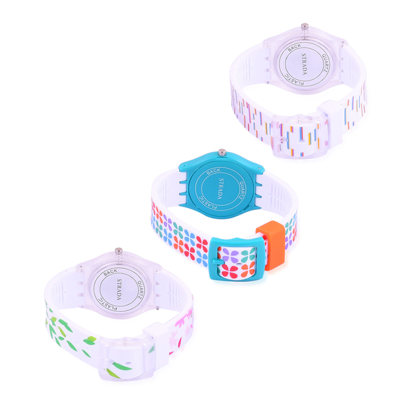 Set of 3 - STRADA Japanese Movement White, Blue and Multi Colour Clover, Floral, Leaves and Stripes Pattern Watch in Silver Tone with Silicone Strap