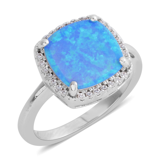 Simulated Blue Opal (Sqr), Simulated Diamond Ring in Silver Bond.