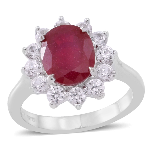 African Ruby (Ovl 3.75 Ct), White Zircon Ring in Rhodium Plated Sterling Silver 5.000 Ct.