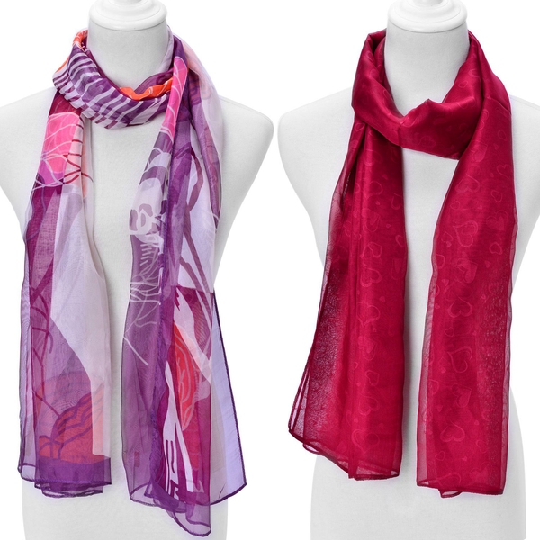 Set of 2 - Designer Inspired Flower Pattern Multi and Heart Pattern Wine Red Colour Scarf (Size 175x70 Cm)