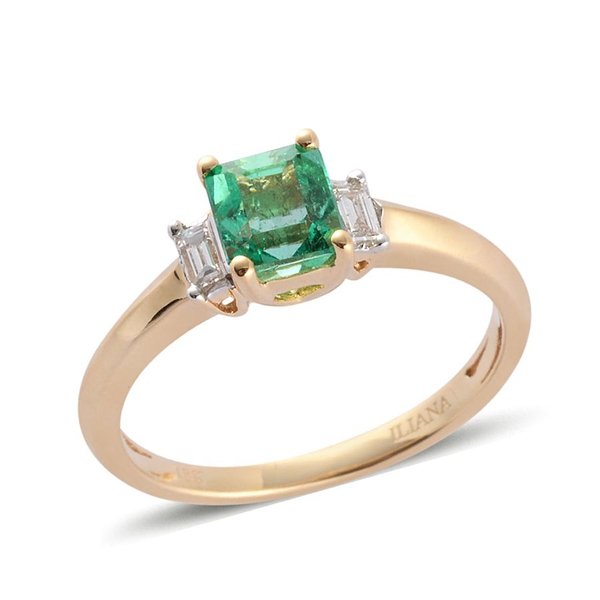 ILIANA 18K Yellow Gold 1 Carat Boyaca Colombian Emerald, Diamond Ring.