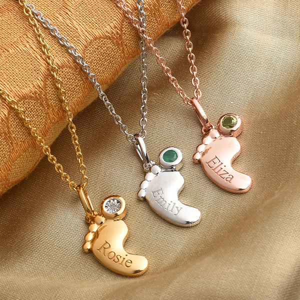 Personalised Baby Feet Birthstone and Name Pendant with Chain in Silver