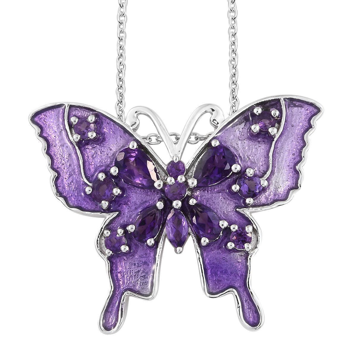 GP - African Amethyst & Blue Sapphire Purple Colour Enameled Butterfly Pendant with Chain (Size - 20