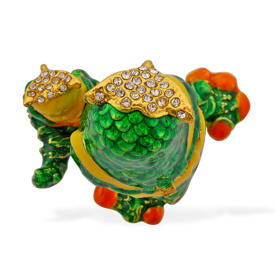 Two Owl Enameled Trinket Box in Gold Tone Decorated with White and Green Austrian Crystal