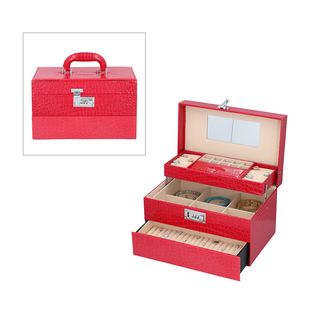 3 Layer Crocodile Skin Pattern Jewellery Box Organiser with Coded Lock and Handle Rose Pink