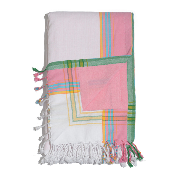 100% Cotton (Front) and 100% Polyester (Back) White with Light Pink Border Kikoy Beach Towel (Size 160x90 Cm) with a Concealed Pocket