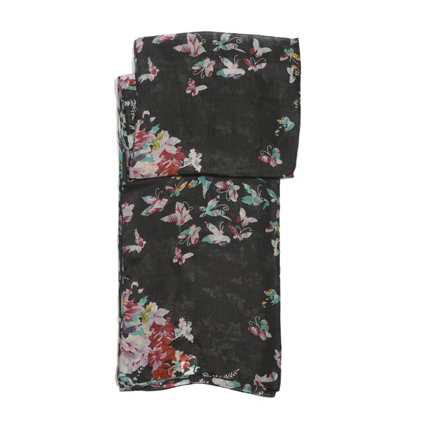 100% Mulberry Silk Floral and Butterfly Pattern Black, Brown and Multi Colour Scarf (Size 180x100 Cm)