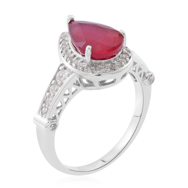 African Ruby (Pear 4.00 Ct), Natural White Cambodian Zircon Ring in Rhodium Plated Sterling Silver 4.750 Ct.