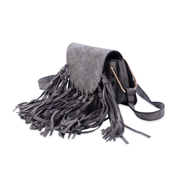 Dark Grey Crossbody Bag with Fringes at the Bottom and Shoulder Strap (Size 19x15.5x10 Cm)