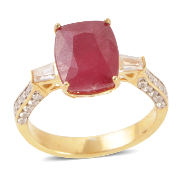 African Ruby (Cush 8.50 Ct), Natural Cambodian White Zircon Ring in 14K Gold Overlay Sterling Silver
