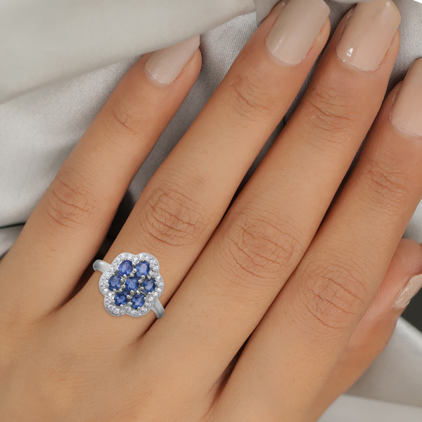 Ceylon Sapphire and Natural Cambodian Zircon Floral Ring in Rhodium Overlay Sterling Silver 2.20 Ct.