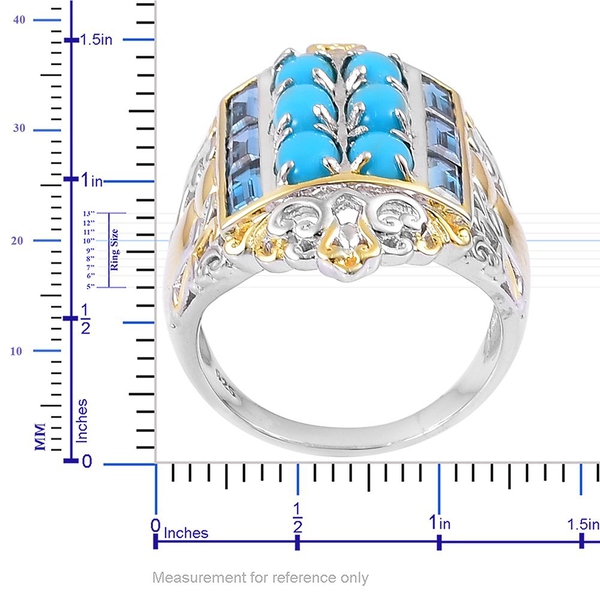 Arizona Sleeping Beauty Turquoise (Ovl), London Blue Topaz Ring in Rhodium and Yellow Gold Overlay Sterling Silver 4.900 Ct. Silver wt 9.19 Gms.
