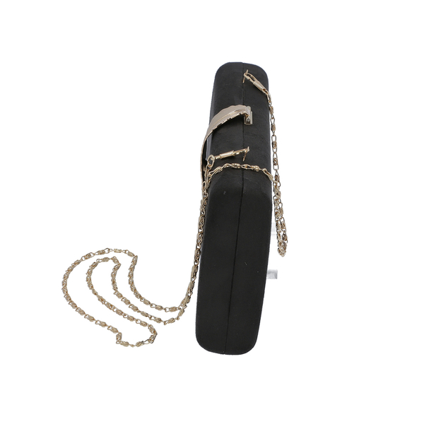 Velvet Clutch Bag with Detachable Shoulder Chain and Metal Leaf Closure (Size 28x4x12 Cm) - Black