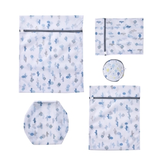 Set of 5 - Rain Drop Printed Laundry Bags with Zip Closure - White and Blue