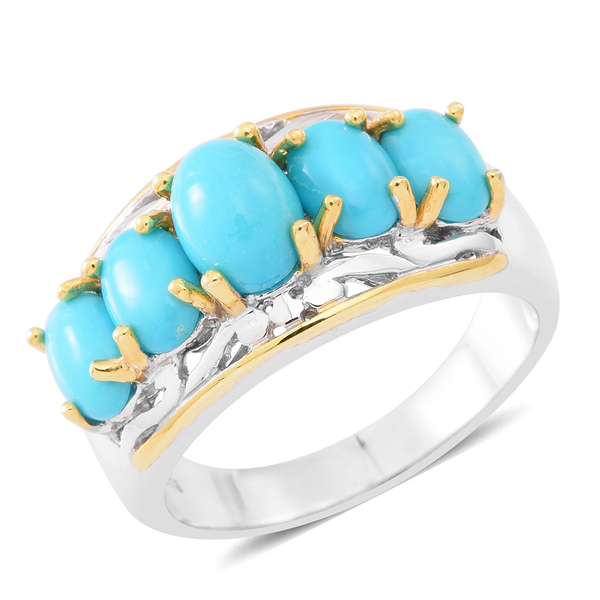 4.75 Ct Sleeping Beauty Turquoise 5 Stone Ring in Rhodium and Gold Plated Silver 7.40 Grams
