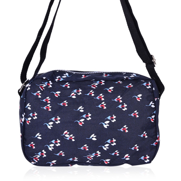 Navy and Multi Colour Floral Pattern Multi Pocket Waterproof Crossbody Bag with Adjustable Shoulder Strap (Size 25X17X8 Cm)
