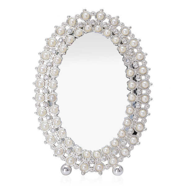 Oval Shape Photo Frame in Silver Tone Decorated with White Austrian Crystal and Resin Pearl