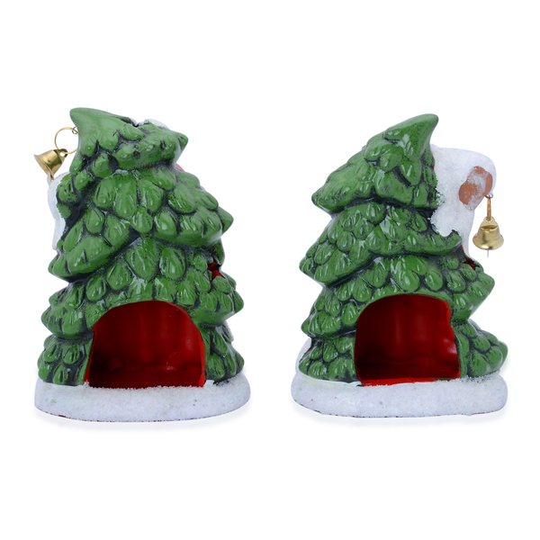 Set of 2 - Multi Colour Ceramic Santa Claus with Joy and Snowman with Noel Candle Holder