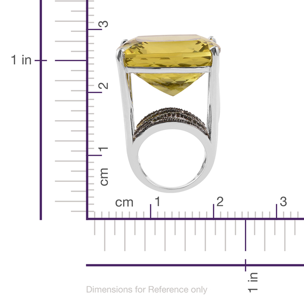 Natural Green Gold Quartz (Cush), Black Diamond Ring in Platinum Overlay Sterling Silver 70.500 Ct.