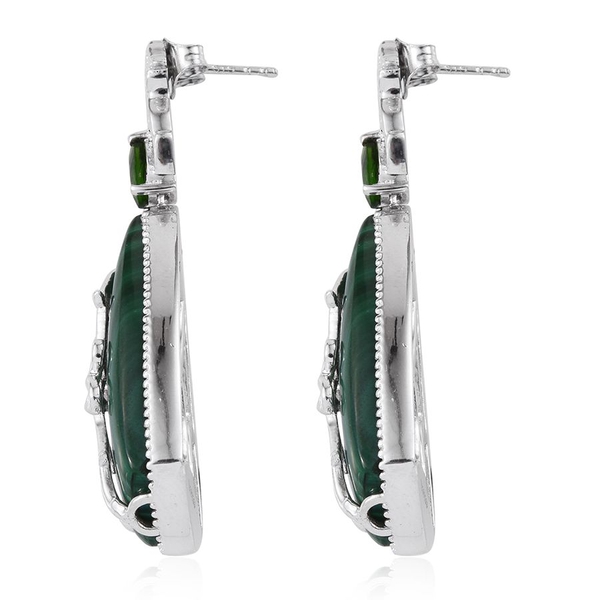 GP Malachite, Chrome Diopside and Kanchanaburi Blue Sapphire Earrings (with Push Back) in Platinum Overlay Sterling Silver 44.250 Ct.