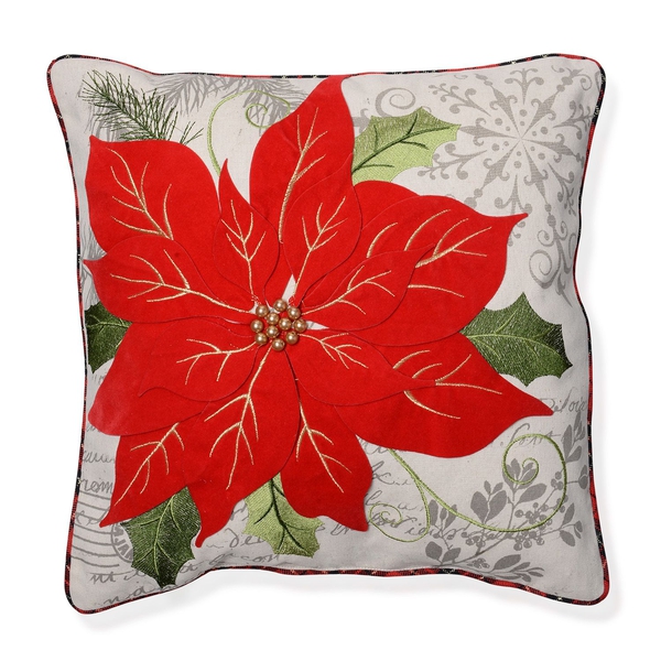 Red Flower and Green Leaves Embroidered Cushion Made with Cotton, Rayon, Linen and Other Fibre (Size