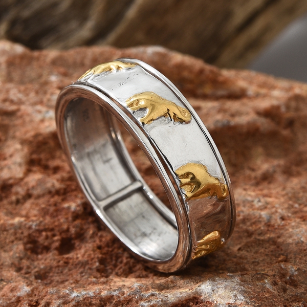 Designer Inspired-Yellow Gold and Rhodium Plated Sterling Silver Elephant Spinner Ring, Silver wt. 5.52 Gms.