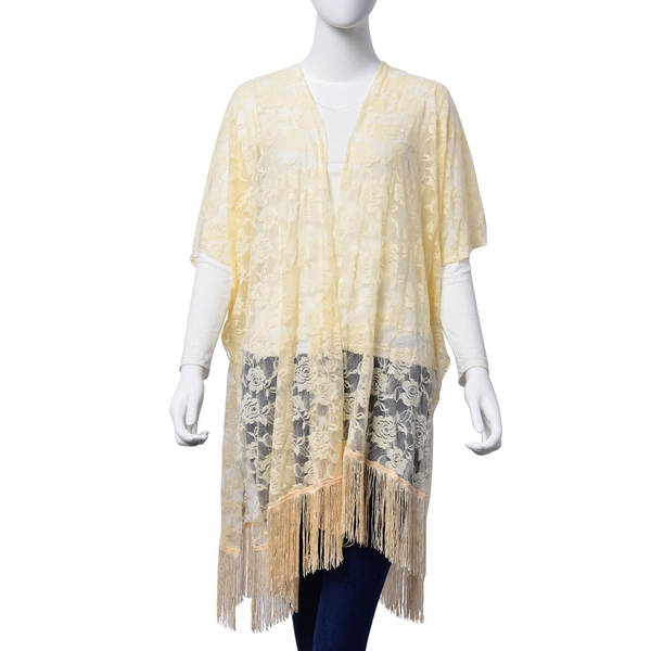 Floral Lace Pattern Light Yellow Colour Kimono - Jacket with Fringes (Free Size)