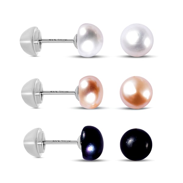 Set of 3 - Freshwater Peacock, Peach and White Pearl Stud Earrings (with Push Back) in Sterling Silv