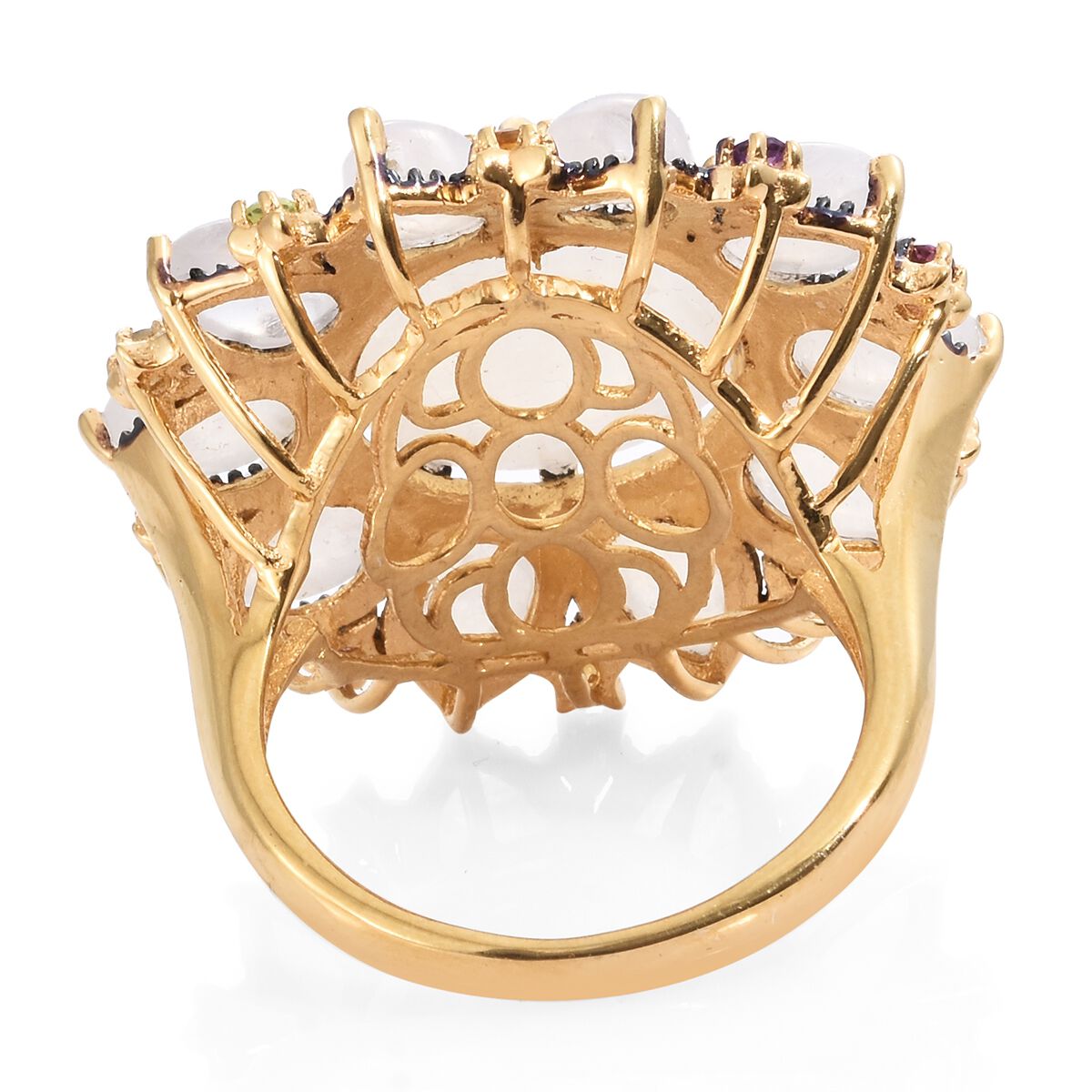 Sri Lankan Rainbow Moonstone (Rnd 10.40 Ct), Amethyst, Rhodolite Garnet and Multi Gemstone Floral Ring in Blue and 14K Gold Overlay Sterling Silver 20.000 Ct. Silver wt 8.70 Gms