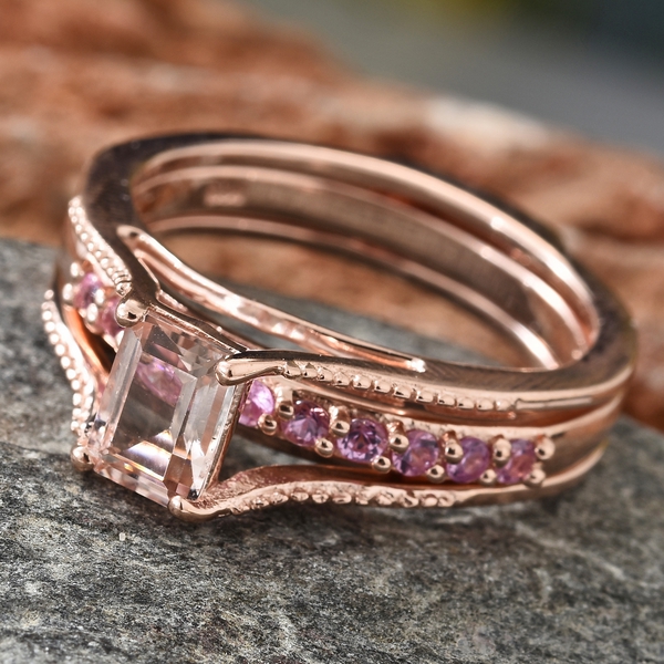 Marropino Morganite (Oct), Pink Sapphire Interchangeable Ring in Rose Gold Overlay Sterling Silver 1.250 Ct. Silver wt 5.25 Gms.