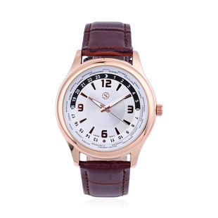 STRADA Japanese Movement Water Resistant Watch with Brown PU Strap and Gold Plating - Silver