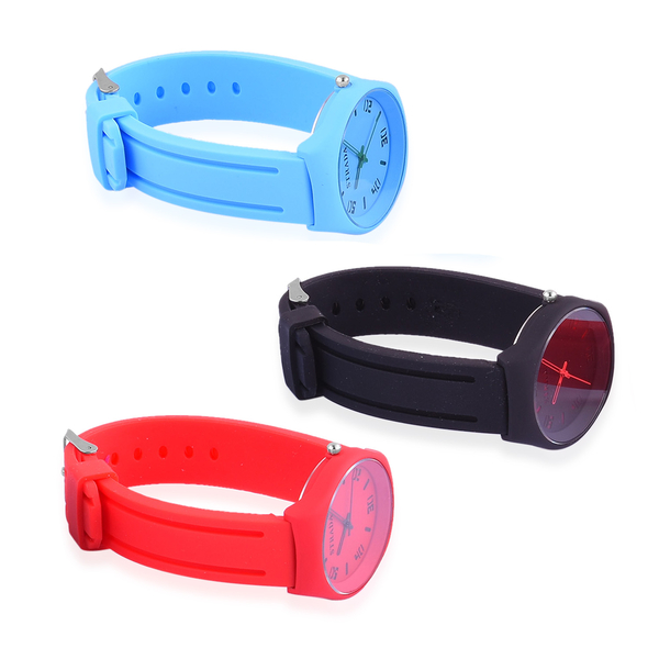 Set of 3 - STRADA Japanese Movement Red, Blue and Black Colour Watch in Silver Tone with Silicone Strap