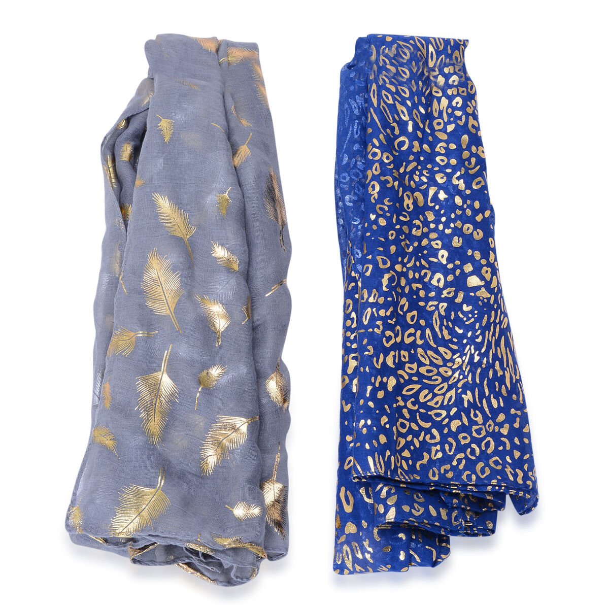 Set of 2 - Leopard Pattern Royal Blue Colour and Golden Leaves Pattern Grey Colour Scarf with a Hanger (Size 175x65 Cm)