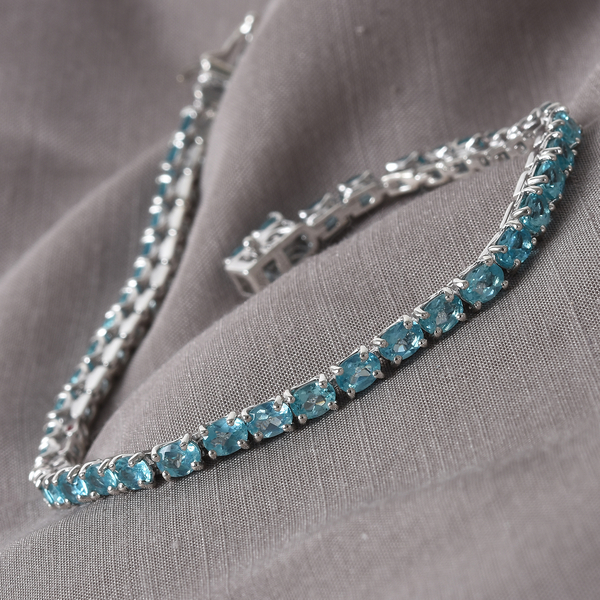 Blue Apatite Tennis Bracelet (Size 7.5) in Platinum Overlay Sterling Silver 8.00 Ct, Silver wt. 8.50 Gms