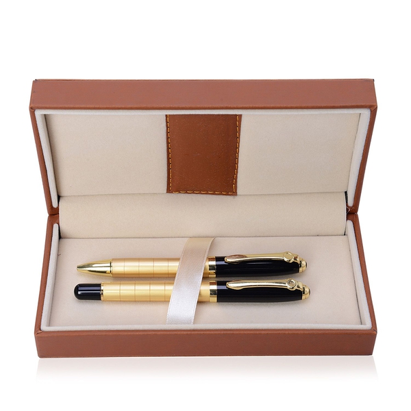 Set of 2 - Ball Point and Roller Pen (Black Ink) in Gold Tone in a Box