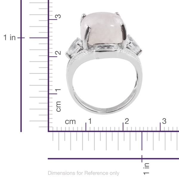 Sri Lankan Rainbow Moonstone (Cush 13.35 Ct), White Topaz Ring in Platinum Overlay Sterling Silver 15.250 Ct. Silver wt. 6.40 Gms.