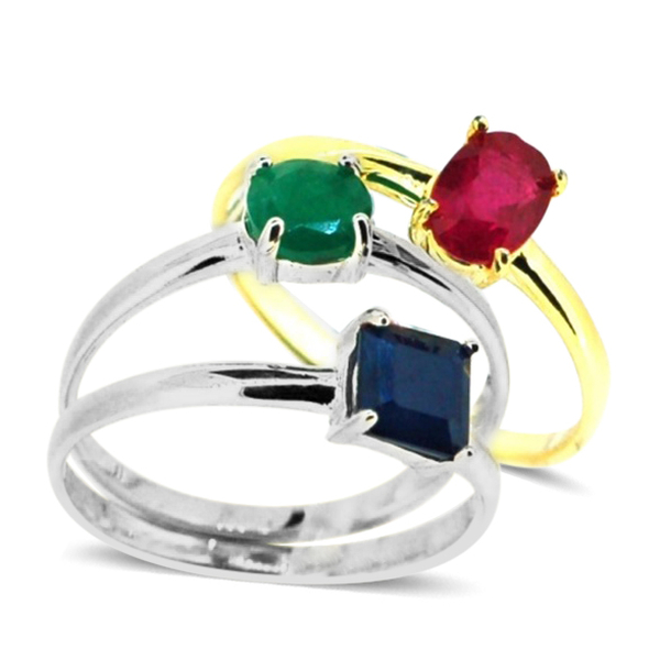 Set of 3 - African Ruby, Blue Sapphire, Emerald Sakota Stacking Solitaire Ring in 14K Gold Overlay a