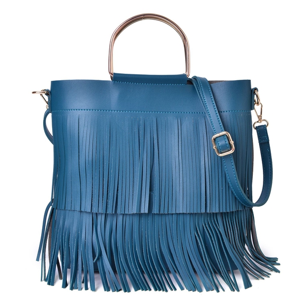 2 Piece Set - Blue Colour Large Handbag with Fringes (Size 30X27X8 Cm) and Small Handbag (Size 22X18X4 Cm) with Adjustable and Removable Shoulder Strap
