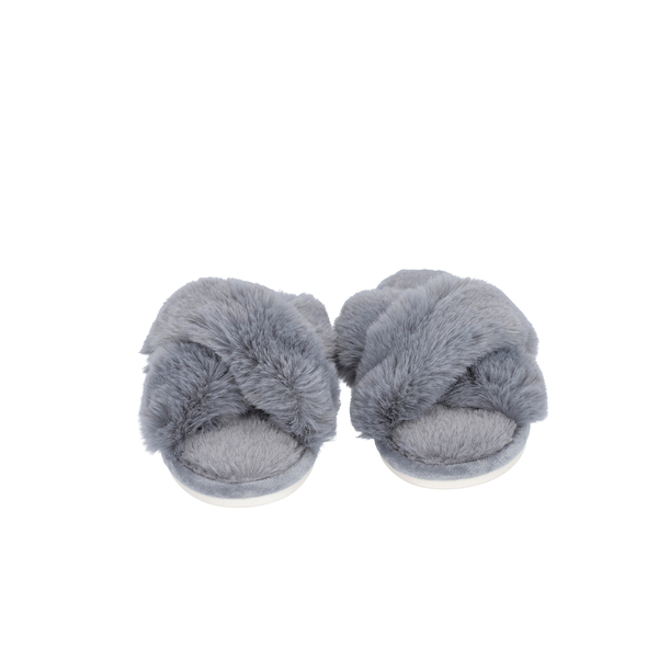 Super Soft Faux Fur Cross Band Slippers (Size L: 7-8) - Grey