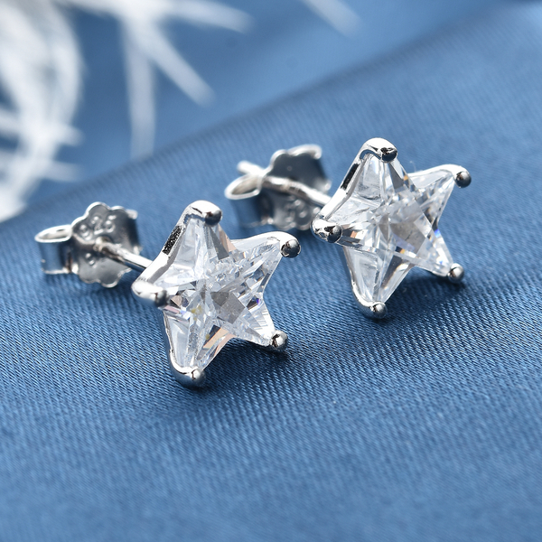 ELANZA Simulated Diamond Star Stud Earrings (With Push Back) in Rhodium Overlay Sterling Silver