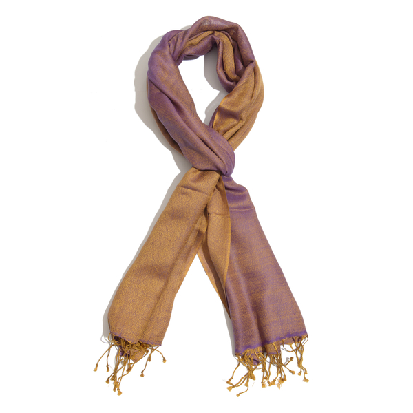 Mulberry Silk, Merino Wool  Blend (50%) Handloomed Purple and Bronze Colour Reversible Motif Scarf (Size 190x70 Cm)