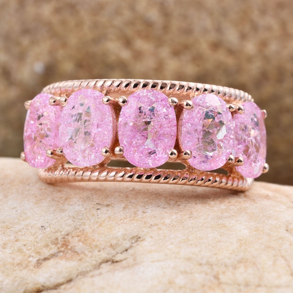 Hot Pink Crackled Quartz (Ovl) 5 Stone Ring in Rose Gold Overlay Sterling Silver 5.500 Ct.
