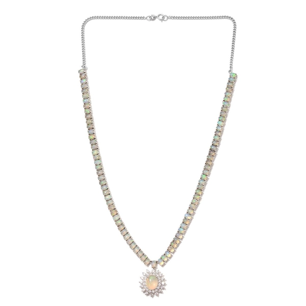 Ethiopian Welo Opal (Ovl 1.40 Ct), White Topaz Necklace (Size 18) in Platinum Overlay Sterling Silver 13.900 Ct.