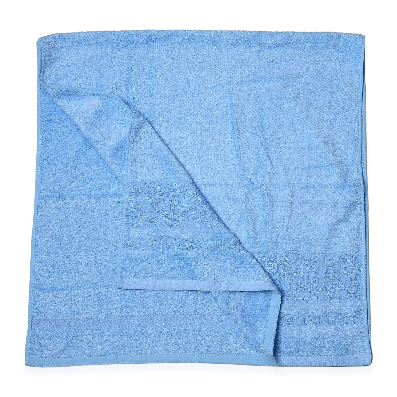 Light Blue Colour Set of 4 Bamboo Cotton Towels - 1 Bath Towel (Size 130x65 Cm), 2 Face Cloths (Size 65x50 Cm) and 1 Hand Towel