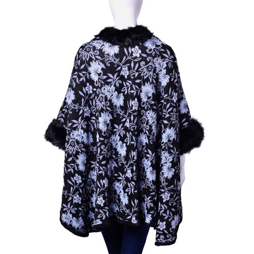 Designer Inspired White Colour Floral Pattern Black Ruana with Faux Fur ...