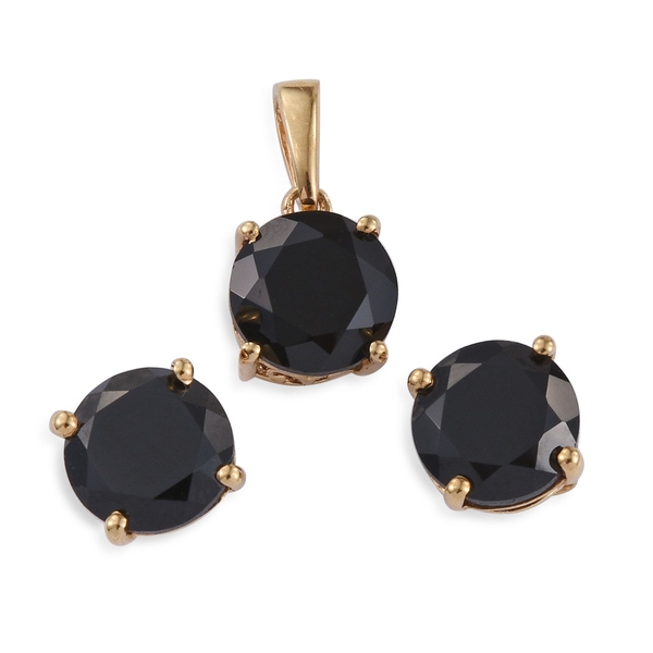 Boi Ploi Black Spinel Round Solitaire Pendant and Stud Earrings Set in 14K Gold Overlay Sterling Sil